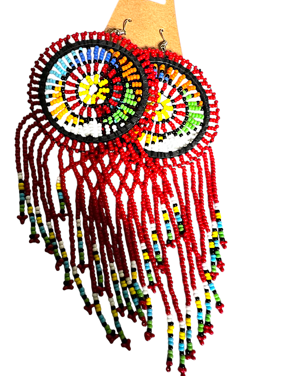 Colorful Heritage Beaded Fringe Earrings- Red