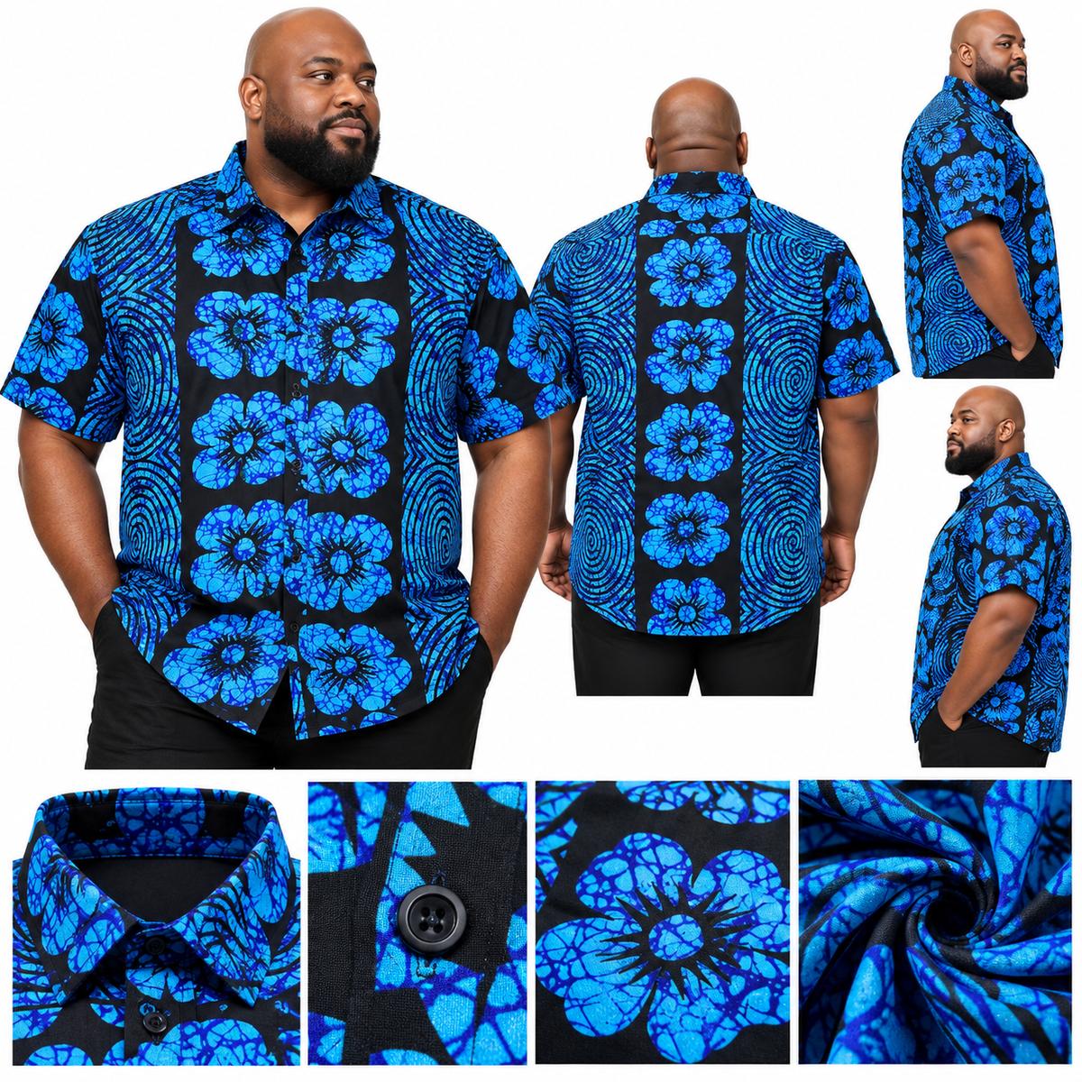 Blue Flame Bloom – African Print Shirt- 2XL