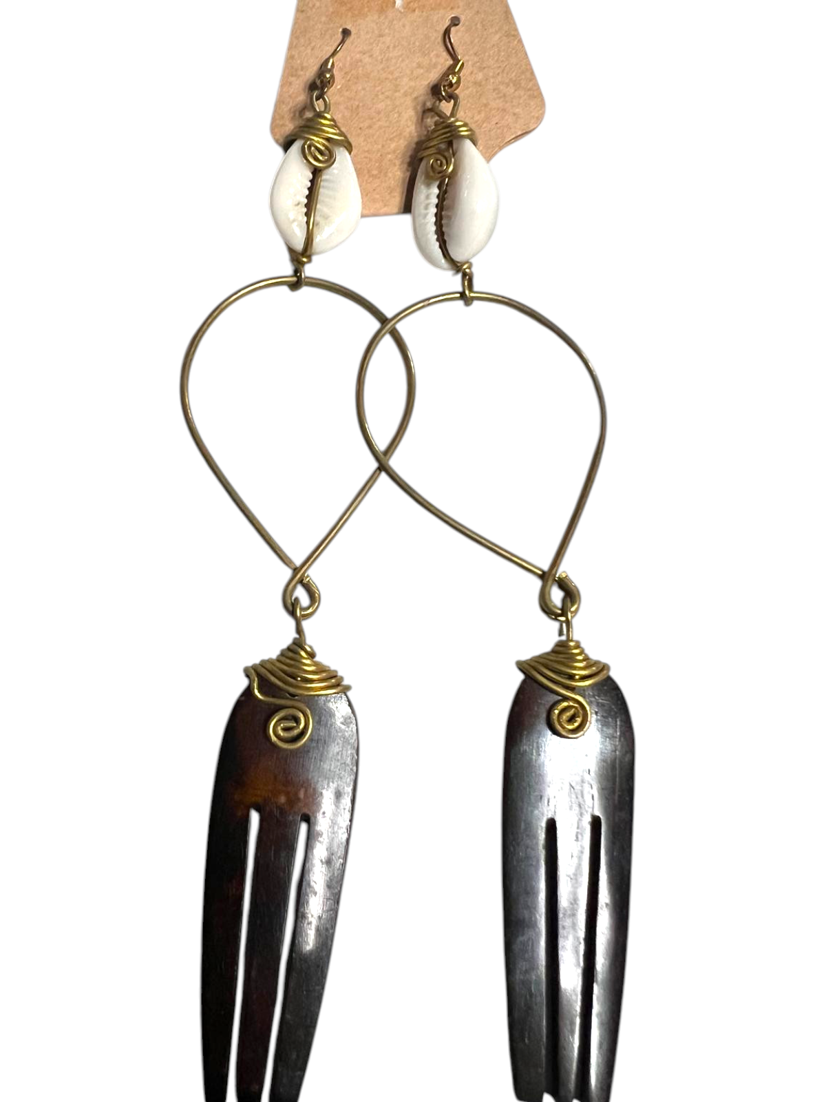 Brass Cowrie Shell Earrings -Carved Comb-Black