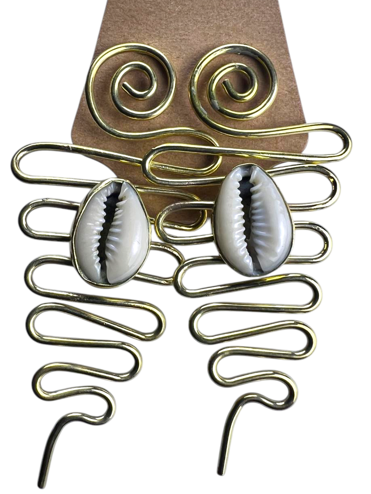 Brass Cowrie Shell Statement Earrings-Fern