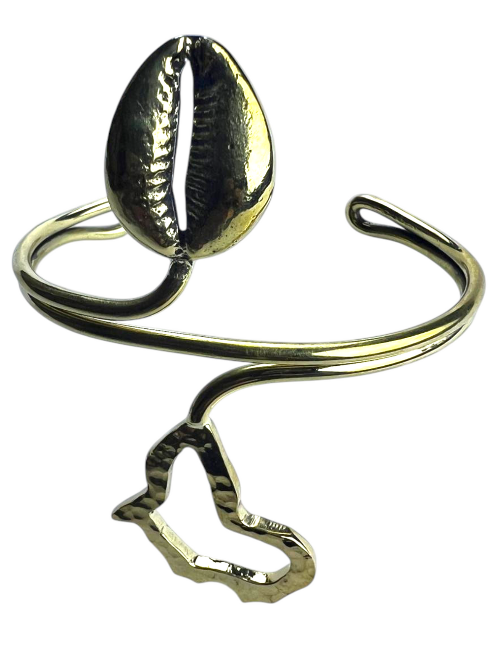 Brass Cuff with Solid Cowry Shell & Hollow Africa Charm