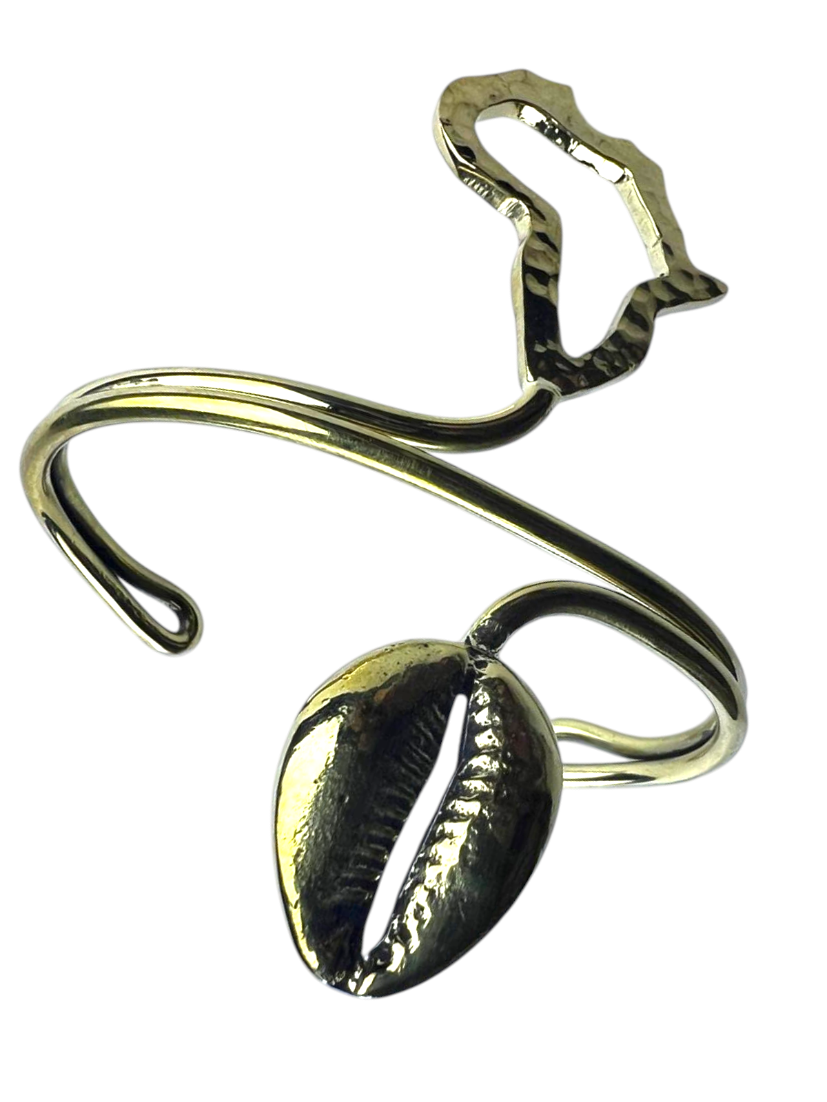 Brass Cuff with Solid Cowry Shell & Hollow Africa Charm