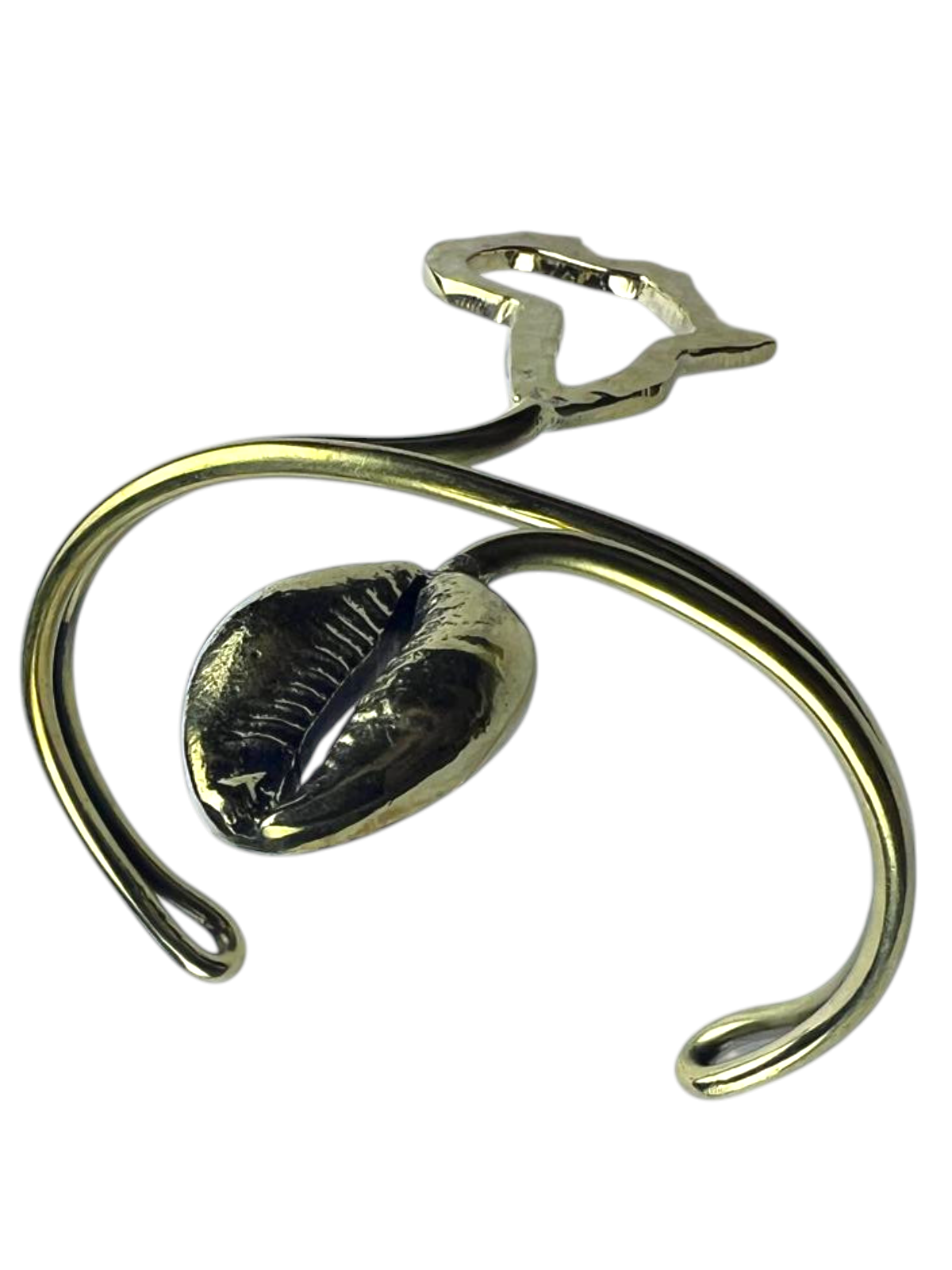 Brass Cuff with Solid Cowry Shell & Hollow Africa Charm