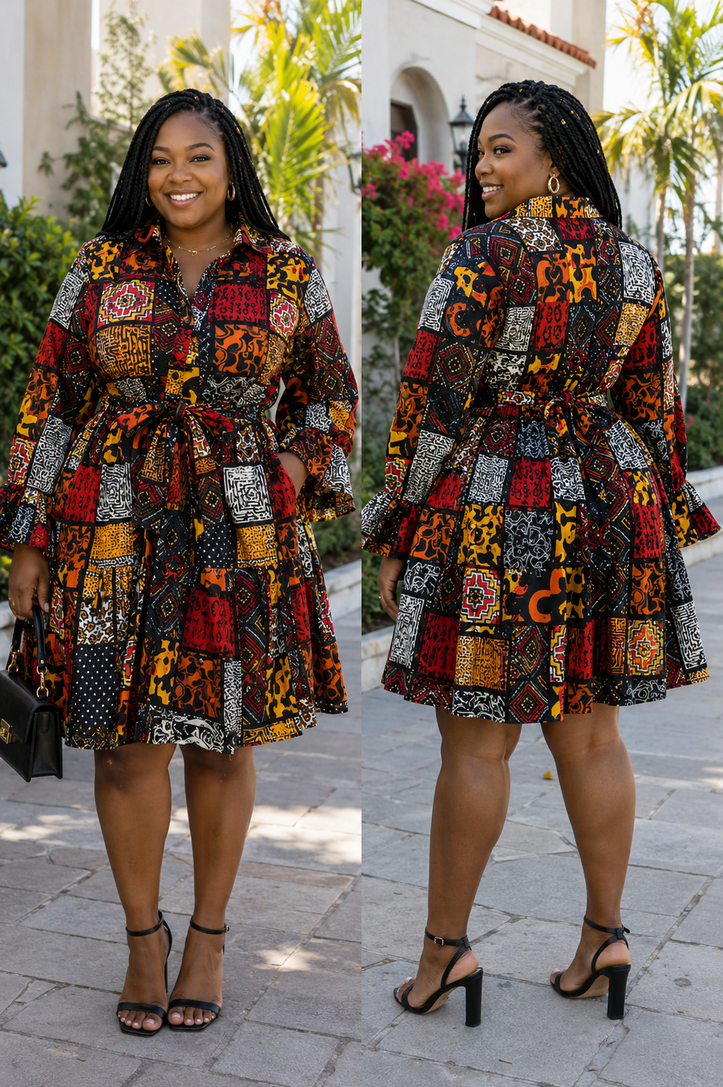 African Print Flared Sleeve Shirt Dress, Free Size ,  Fits S to XL, 2 pockets, scarf and a belt