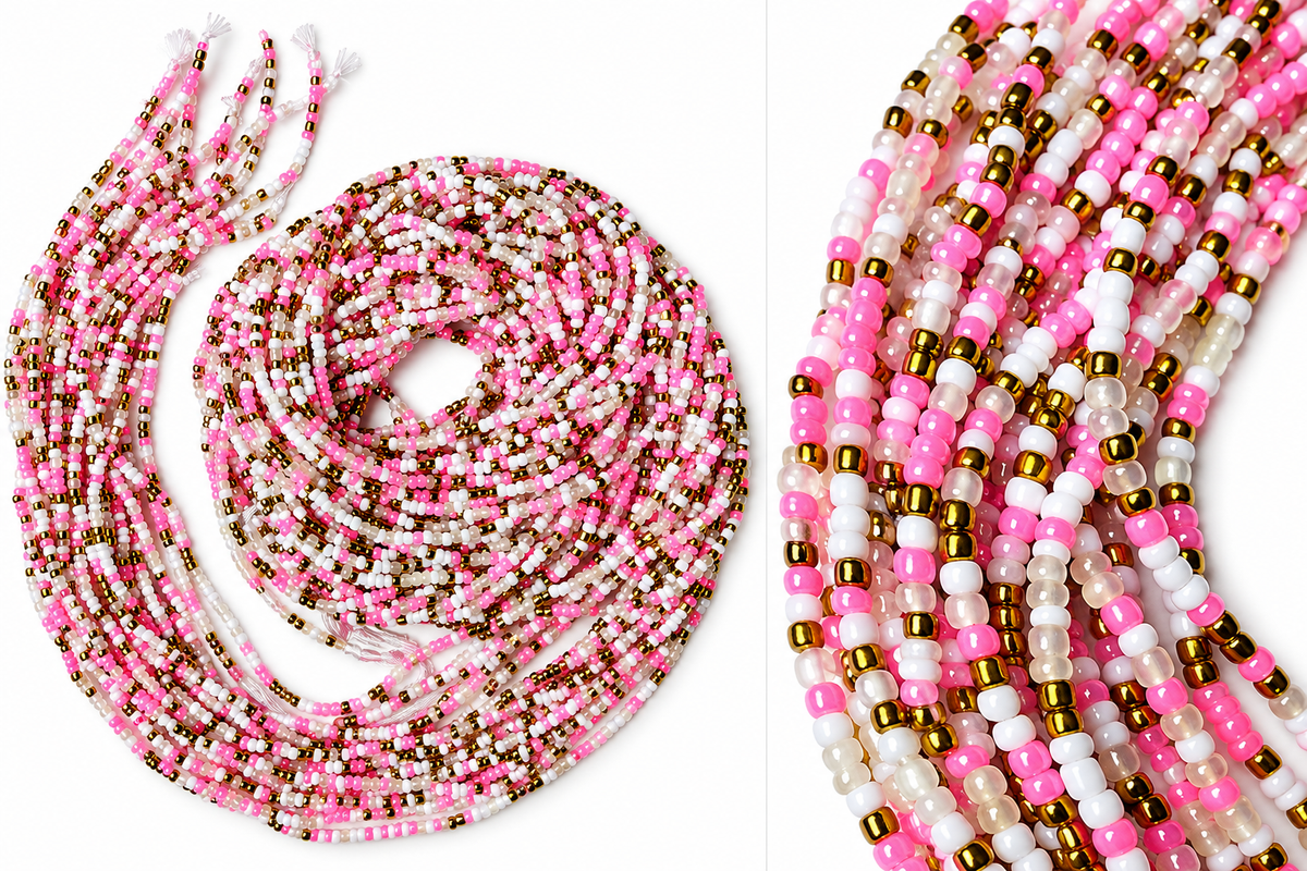 Waist Beads / African Belly Chains | 3mm-Pink, White & Gold, Elegant Multi-Tone