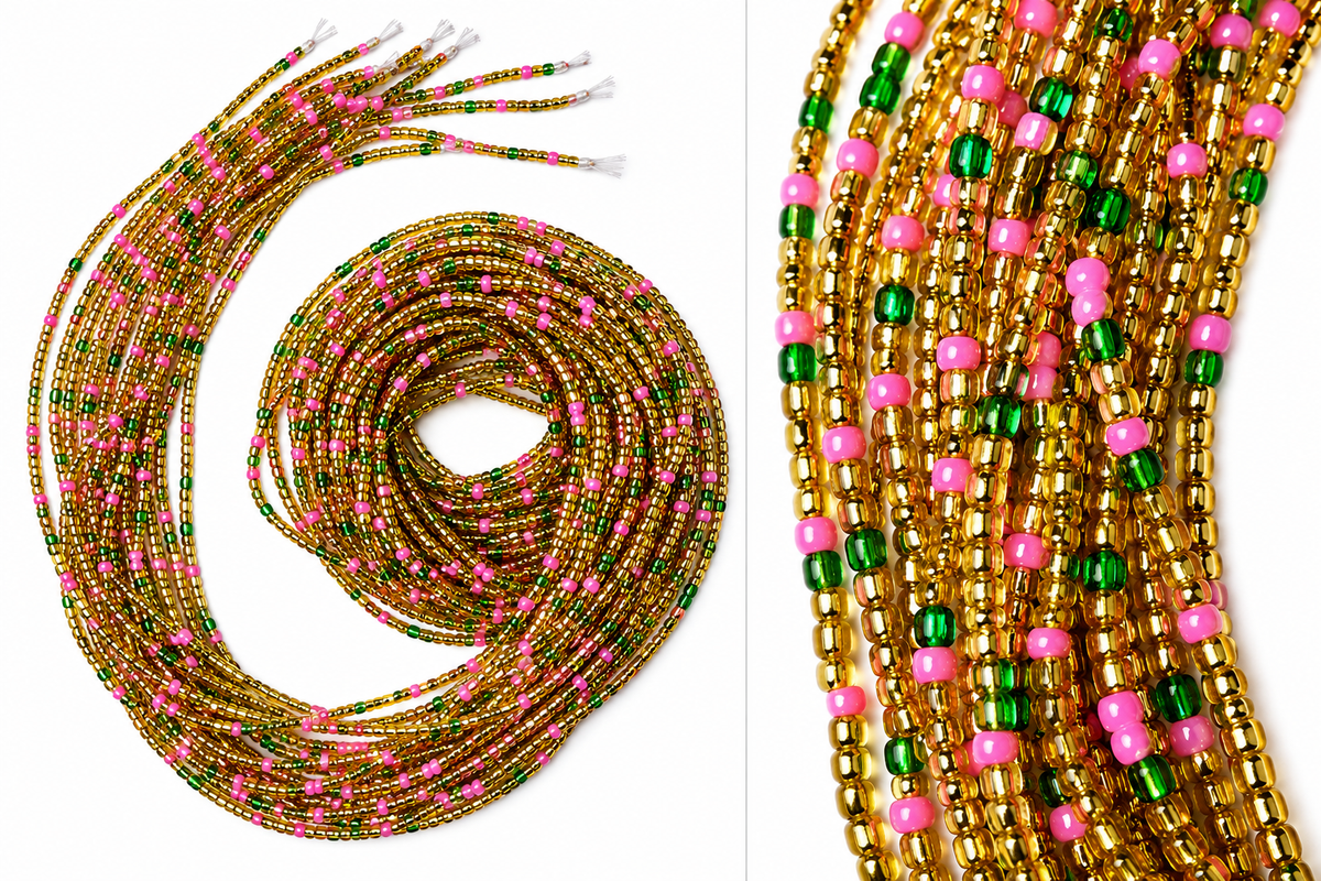 Waist Beads / African Belly Chains | 3mm-Gold, Green & Pink- Golden Garden