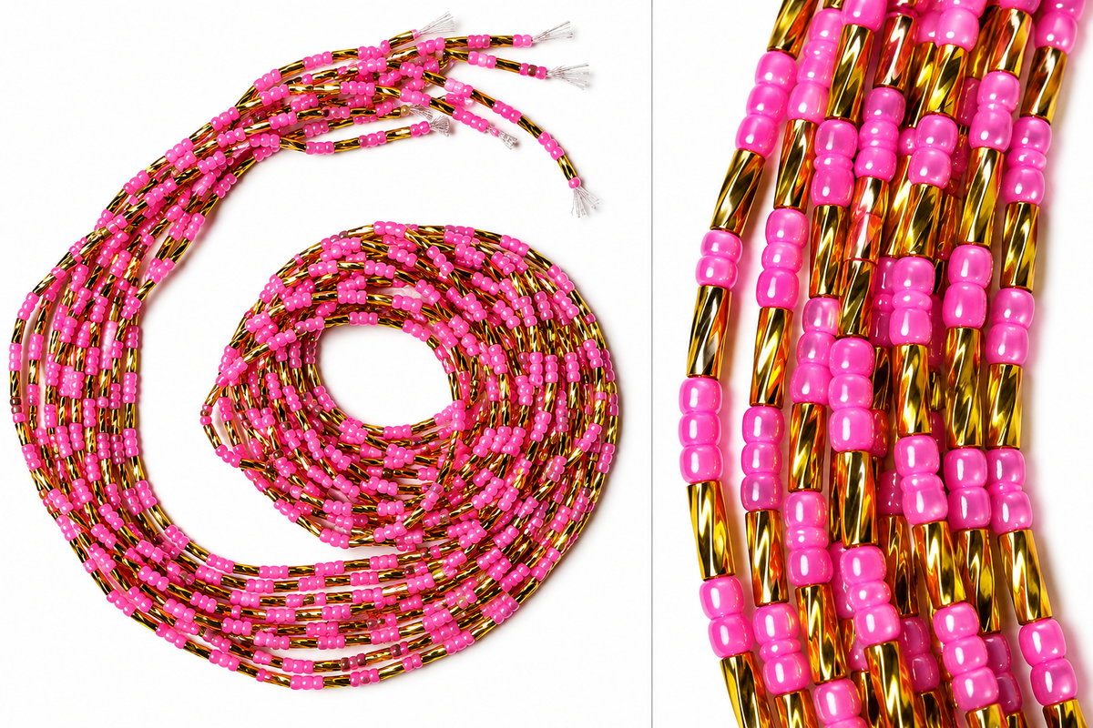 Waist Beads / African Belly Chains | 4mm-Pink-Golden-rondelle-PINK GLAM. GOLDEN GLOW.