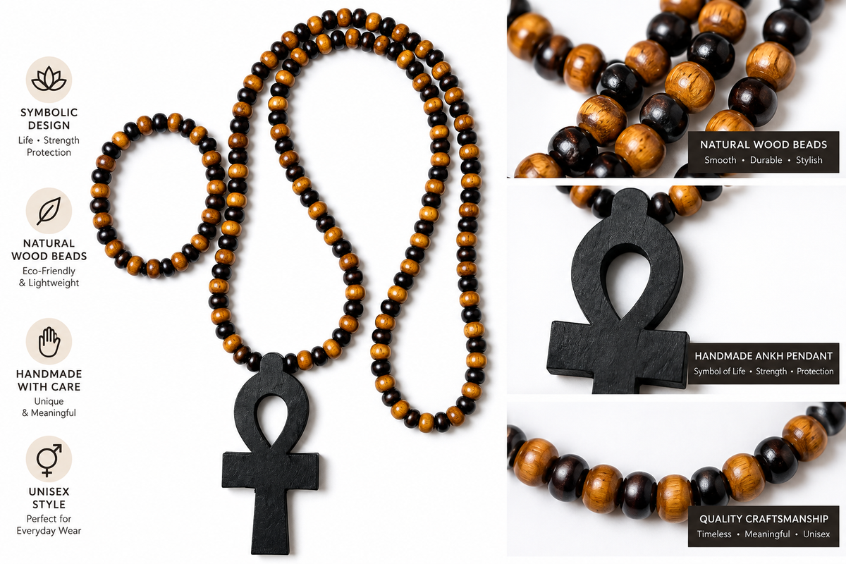 Wooden Ankh Beaded Necklace – Black & Natural Wood
