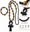 Black & Brown Stone Beaded, wooden Ankh Necklace & Bracelet Set