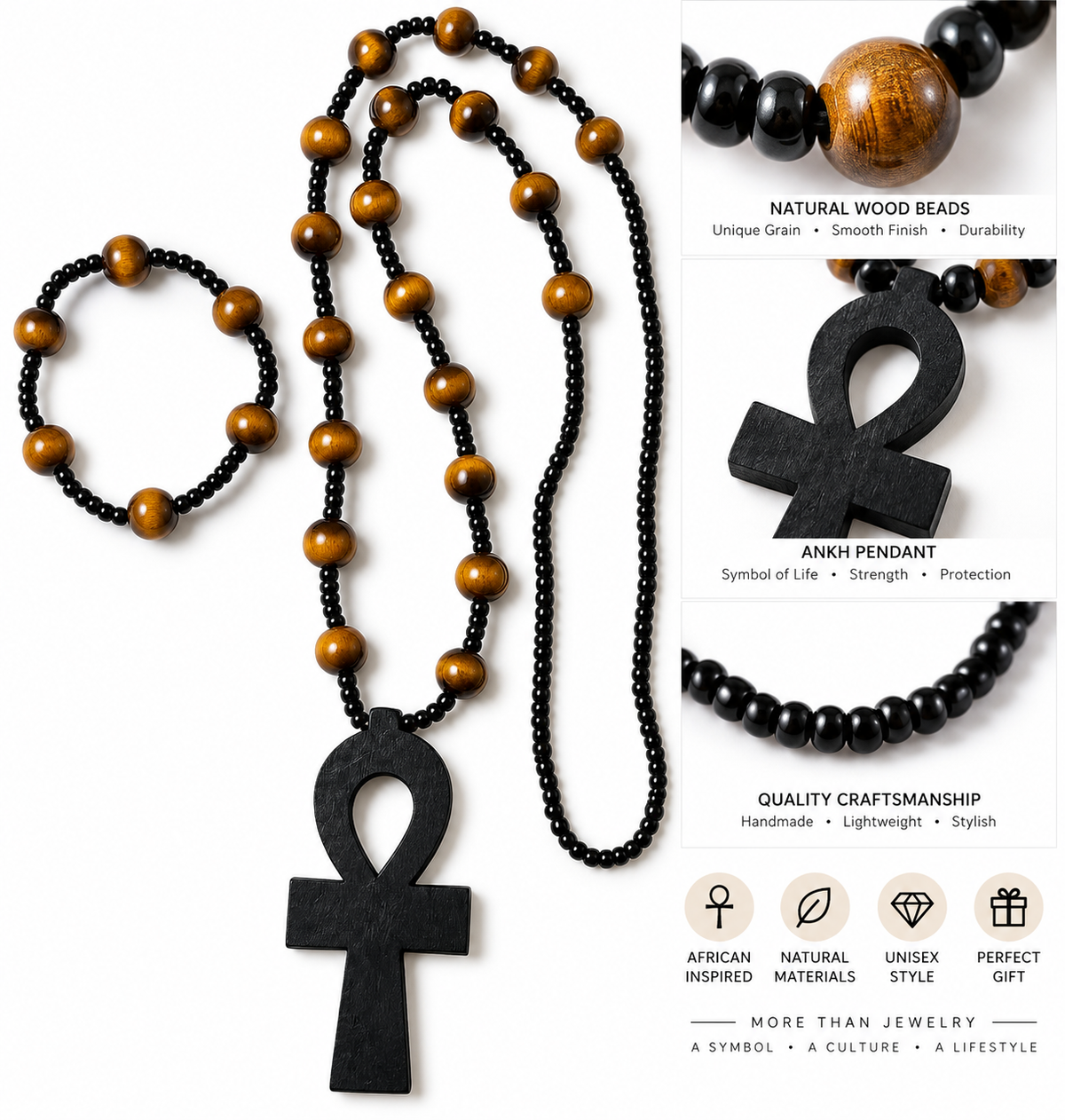 Black & Brown Stone Beaded, wooden Ankh Necklace & Bracelet Set