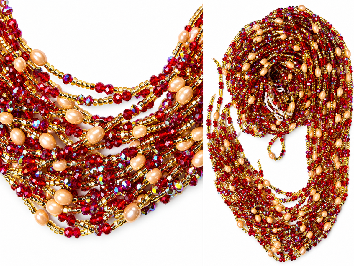 Waist Beads / African Belly Chains | Red Crystal-Pearl_Royal Ruby & Gold
