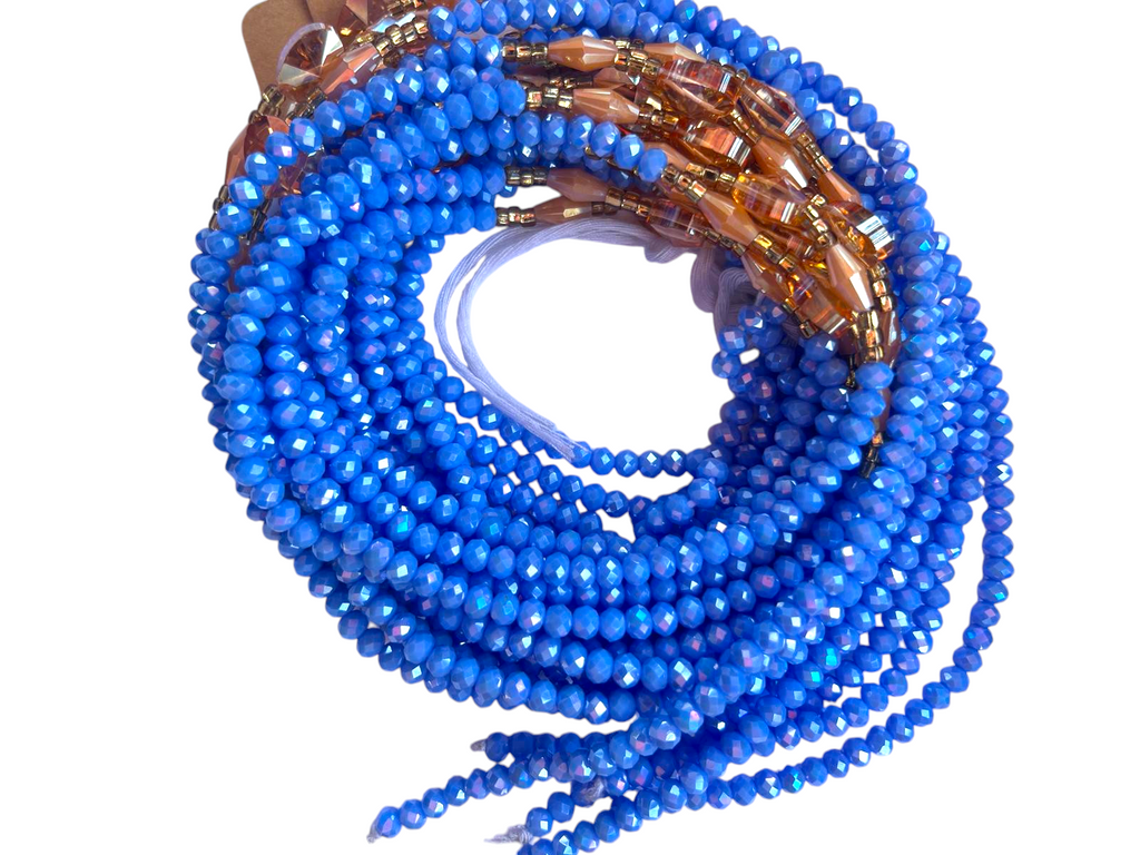 Waist Beads / African Belly Chain |  Crystal Blue with Golden Stones 6mm