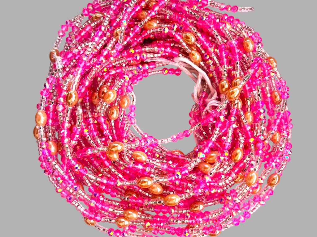 Waist Beads / African Belly Chain  |  Crystal-Pink_Gold-Pearls8mm