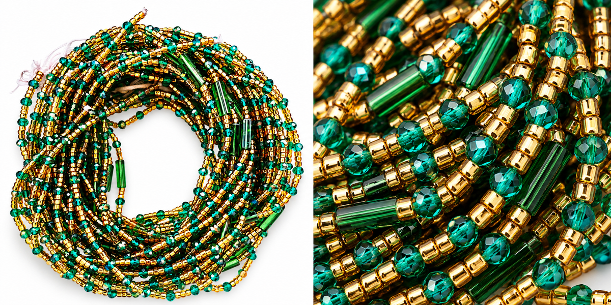 Waist Beads / African Belly Chain |  Emerald Royalty Luxe — Green & Gold (6mm)