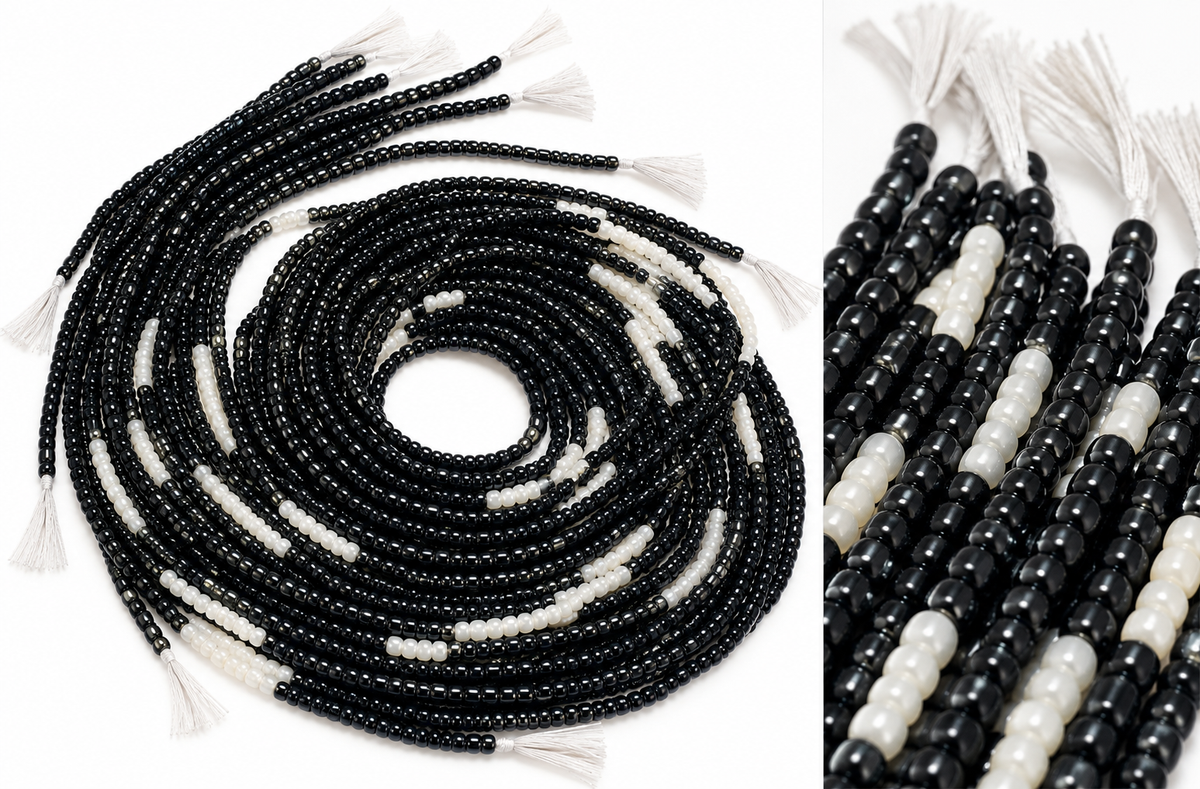 Waist Beads / African Belly Chains |Midnight Pearl – Black & Ivory(4mm)