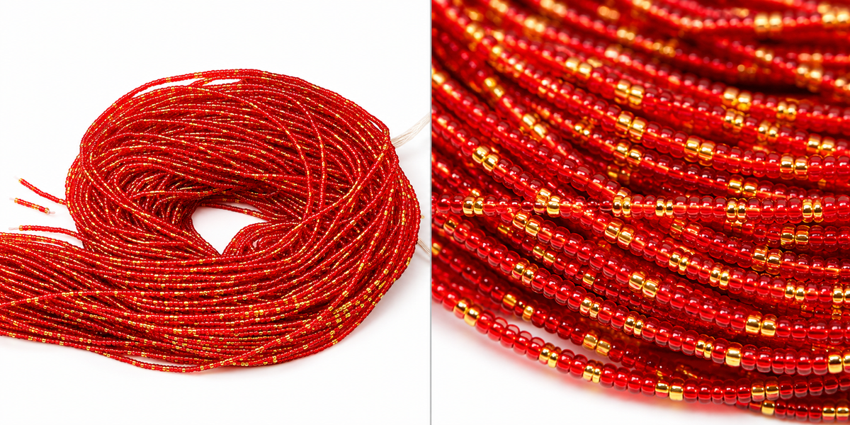Waist Beads |African Belly Chain |Power of Love — Red & Gold  ( 2mm)