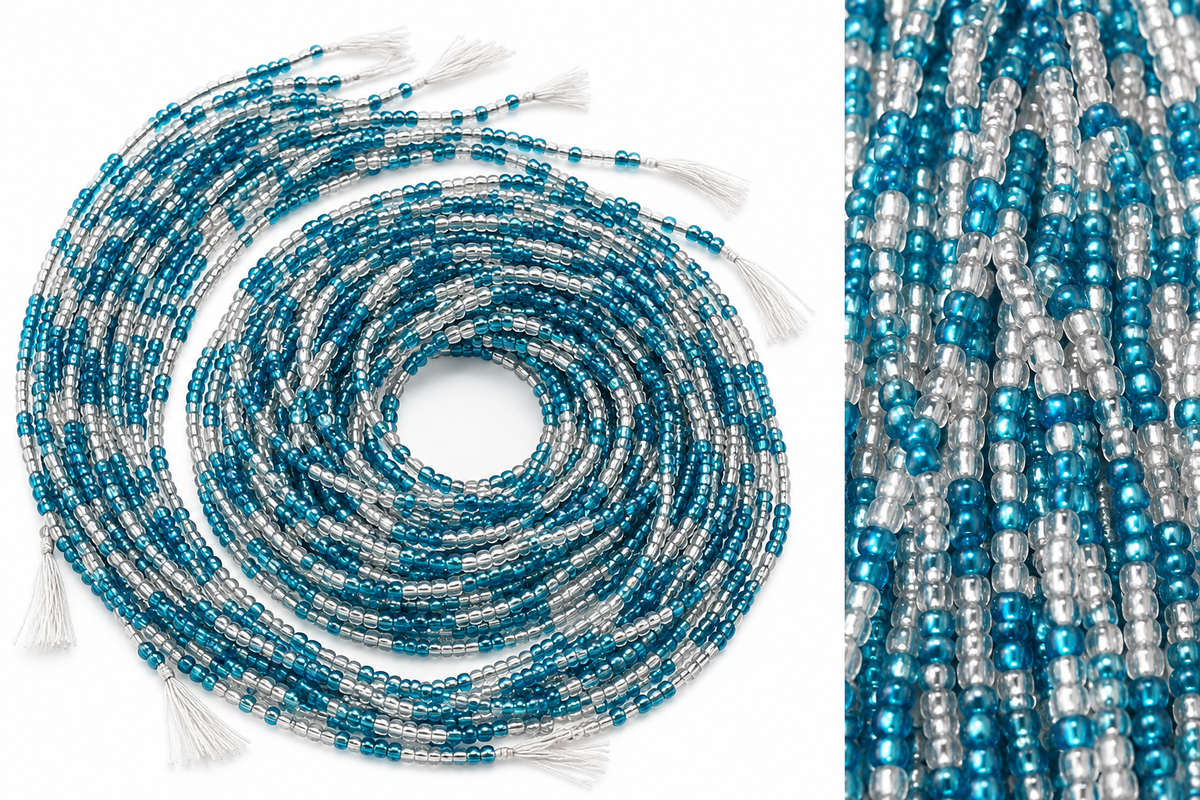 Waist Beads / African Belly Chains |Ocean Luxe – Turquoise & Clear (3mm)