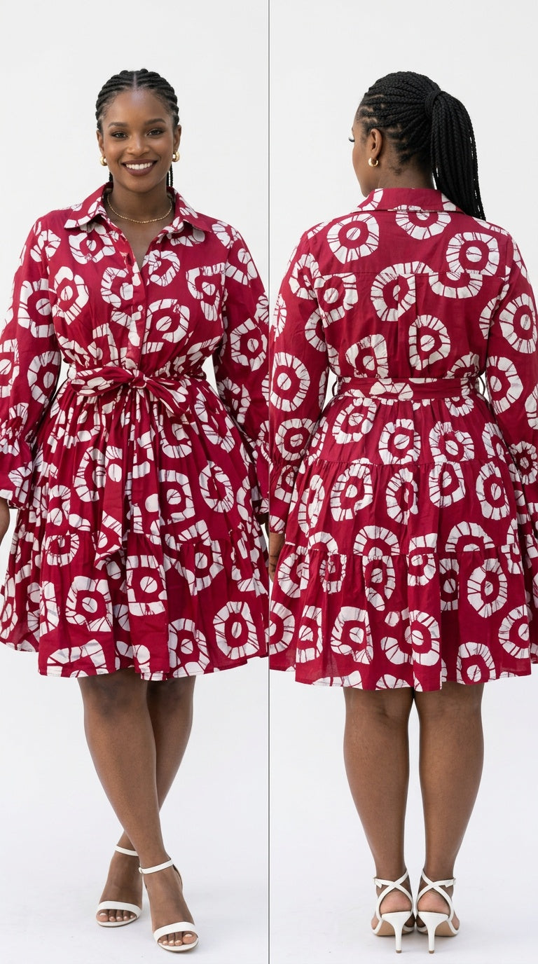 African Print Flared Sleeve Shirt Dress, Free Size ,  Fits S to XL, 2 pockets, scarf and a belt