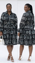 African Print Flared Sleeve Shirt Dress, Free Size ,  Fits S to XL, 2 pockets, scarf and a belt