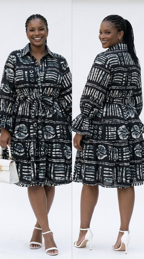 African Print Flared Sleeve Shirt Dress, Free Size ,  Fits S to XL, 2 pockets, scarf and a belt