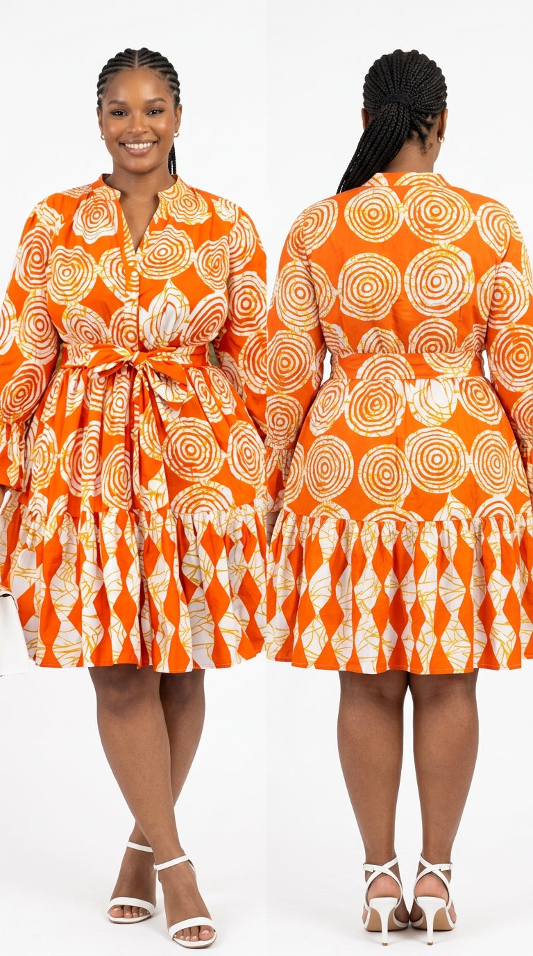 African Print Flared Sleeve Shirt Dress, Free Size ,  Fits S to XL, 2 pockets, scarf and a belt