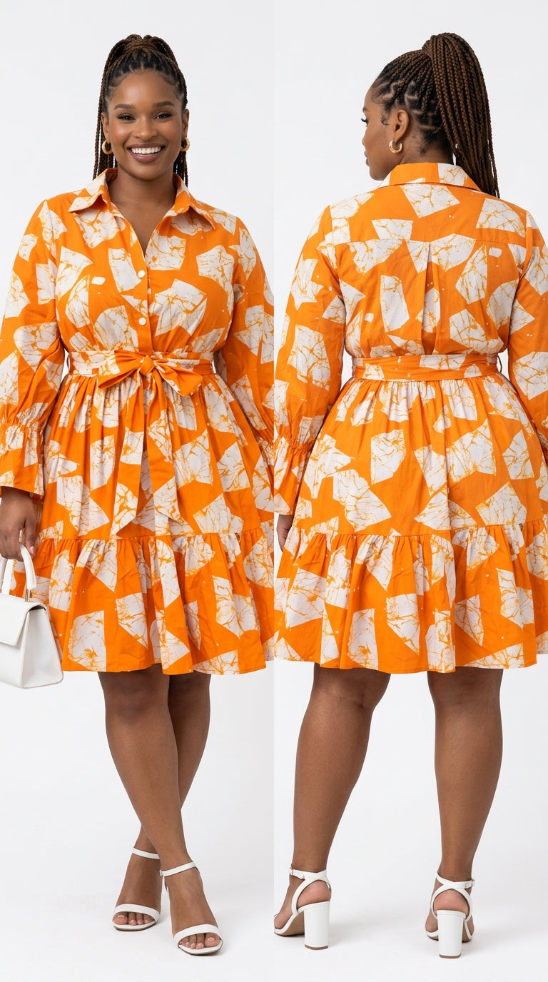 African Print Flared Sleeve Shirt Dress, Free Size ,  Fits S to XL, 2 pockets, scarf and a belt