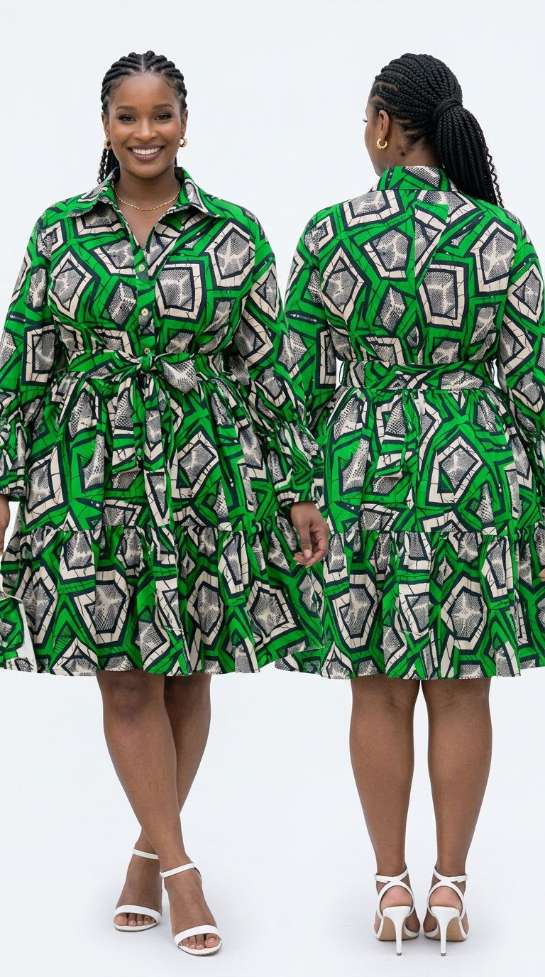 African Print Flared Sleeve Shirt Dress, Free Size ,  Fits S to XL, 2 pockets, scarf and a belt