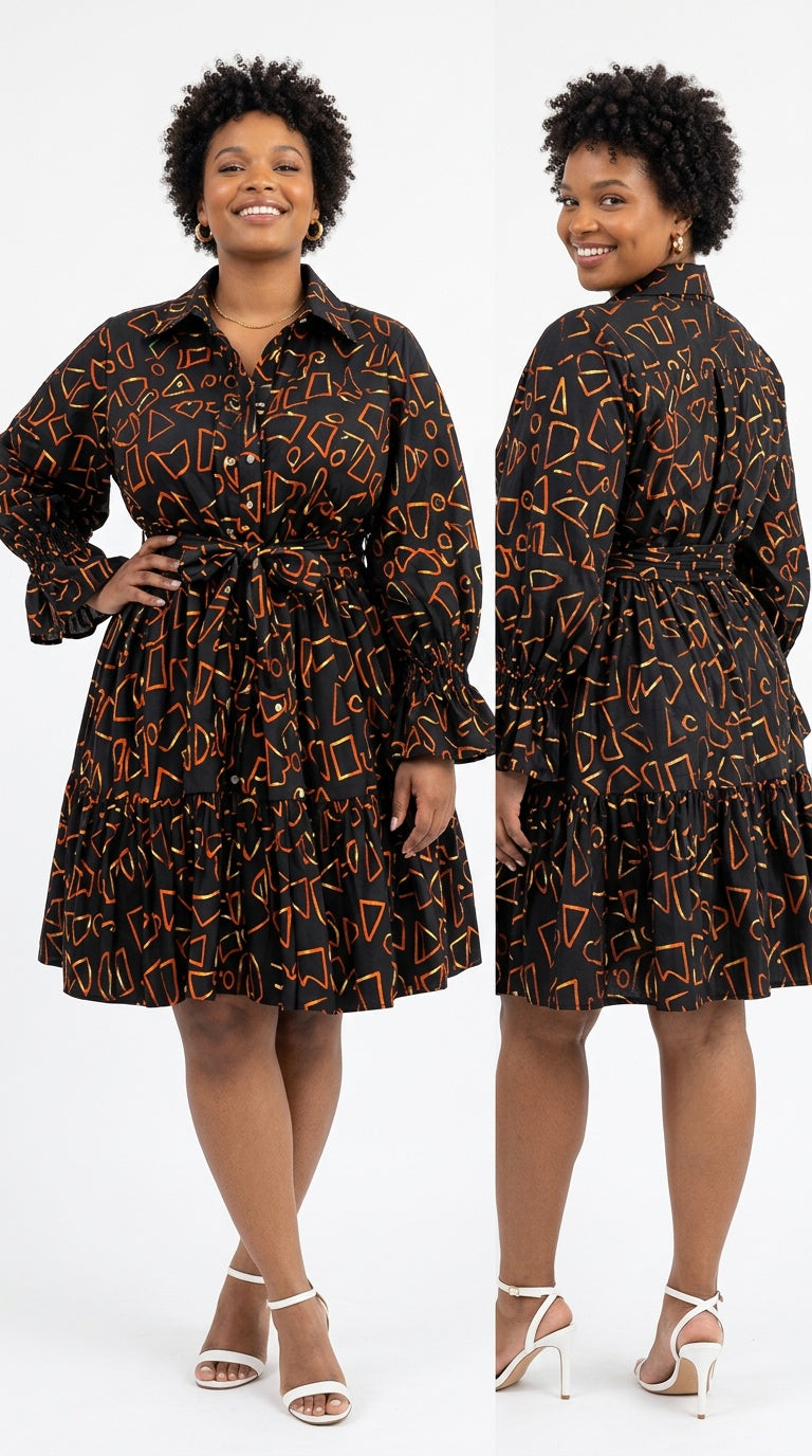 African Print Flared Sleeve Shirt Dress, Free Size ,  Fits S to XL, 2 pockets, scarf and a belt