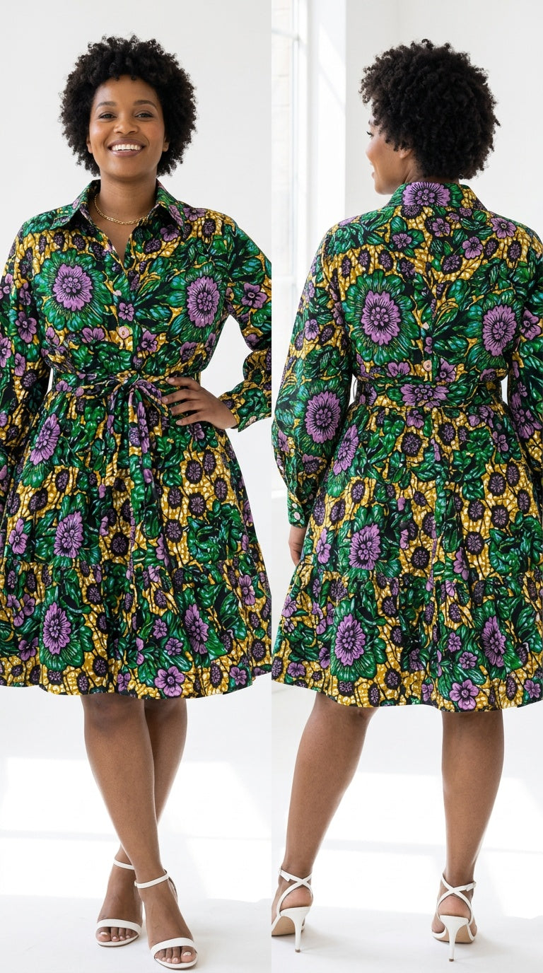 African Print Flared Sleeve Shirt Dress, Free Size ,  Fits S to XL, 2 pockets, scarf and a belt