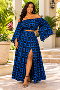 African Print Crop Top & Maxi Skirt Set| Free Size ( Fits Small to 3XL)-Cobalt Queen