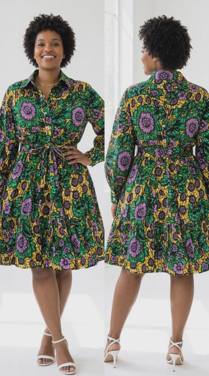 African Print Flared Sleeve Shirt Dress, Purple,  Free Size ,  Fits S to XL, 2 pockets, scarf and a belt