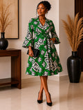Print Wrap Dress-Green-Free Size