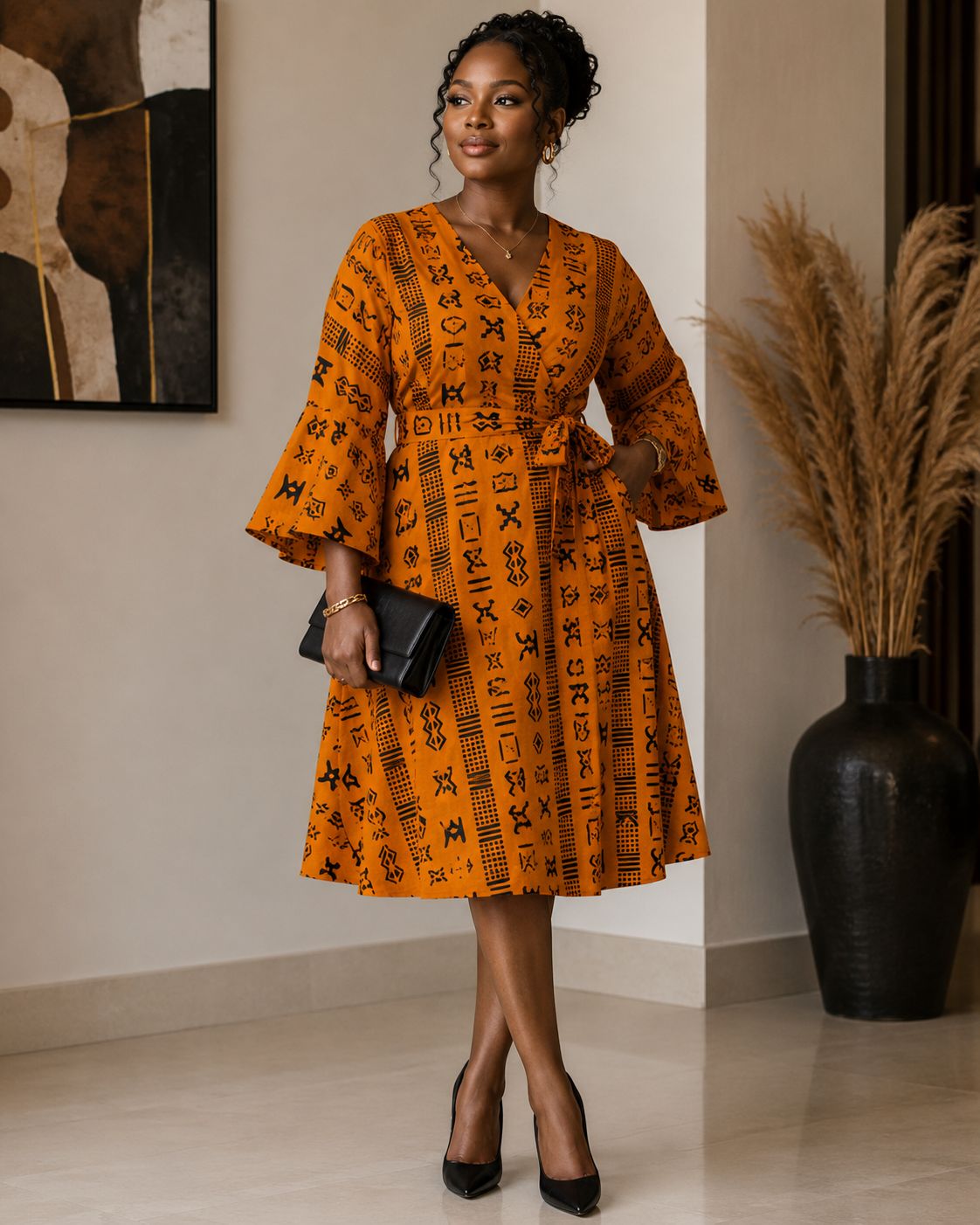 Print Wrap Dress- Orange-Tribal-Free Size