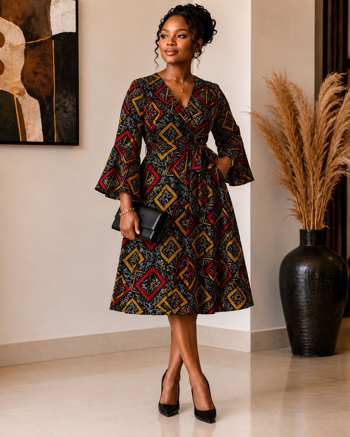 Elegant African Print Wrap Dress-Black_Red