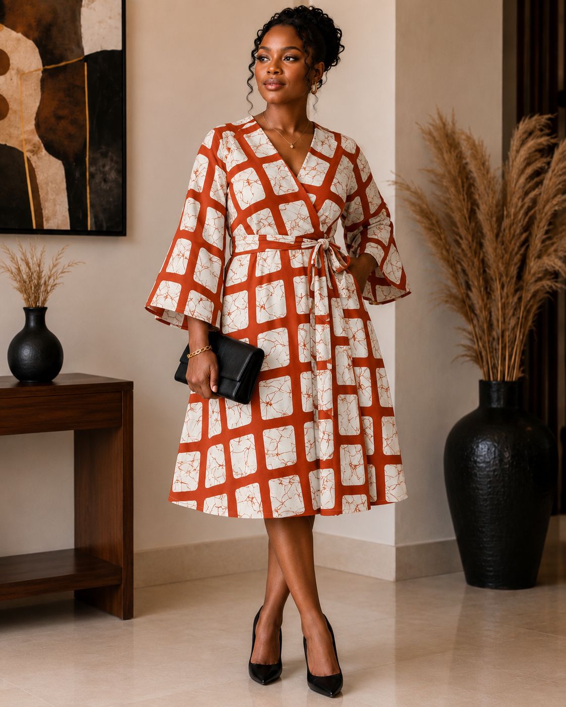 Print Wrap Dress-orange checkered- Free Size