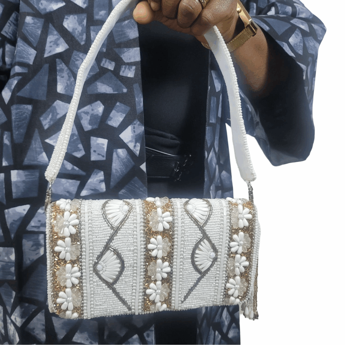 White/Gold , Beaded, stylish Small handbag only. Great complement to your outfit.