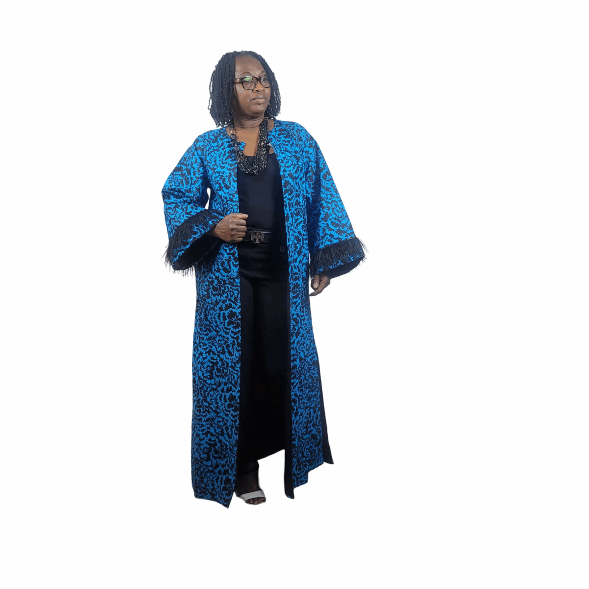 Colorful Blue with Black patterns, feathered sleeves, Long Kimono, great cover for all occasions
