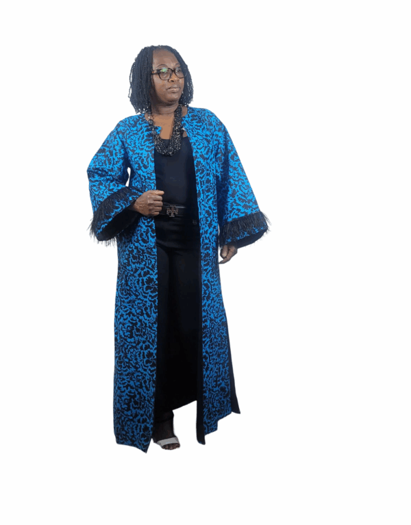 Colorful Blue with Black patterns, feathered sleeves, Long Kimono, great cover for all occasions