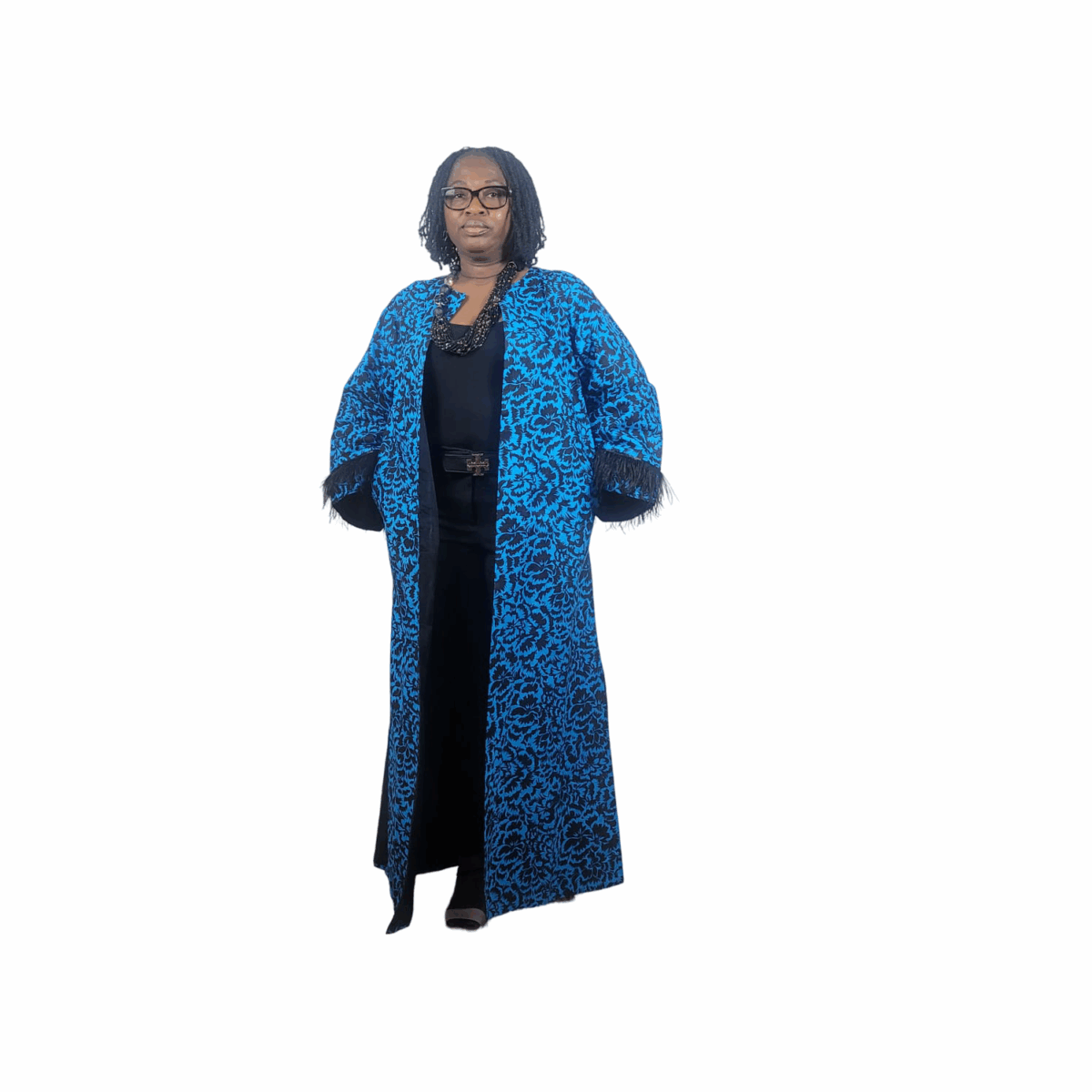 Colorful Blue with Black patterns, feathered sleeves, Long Kimono, great cover for all occasions - Image 6