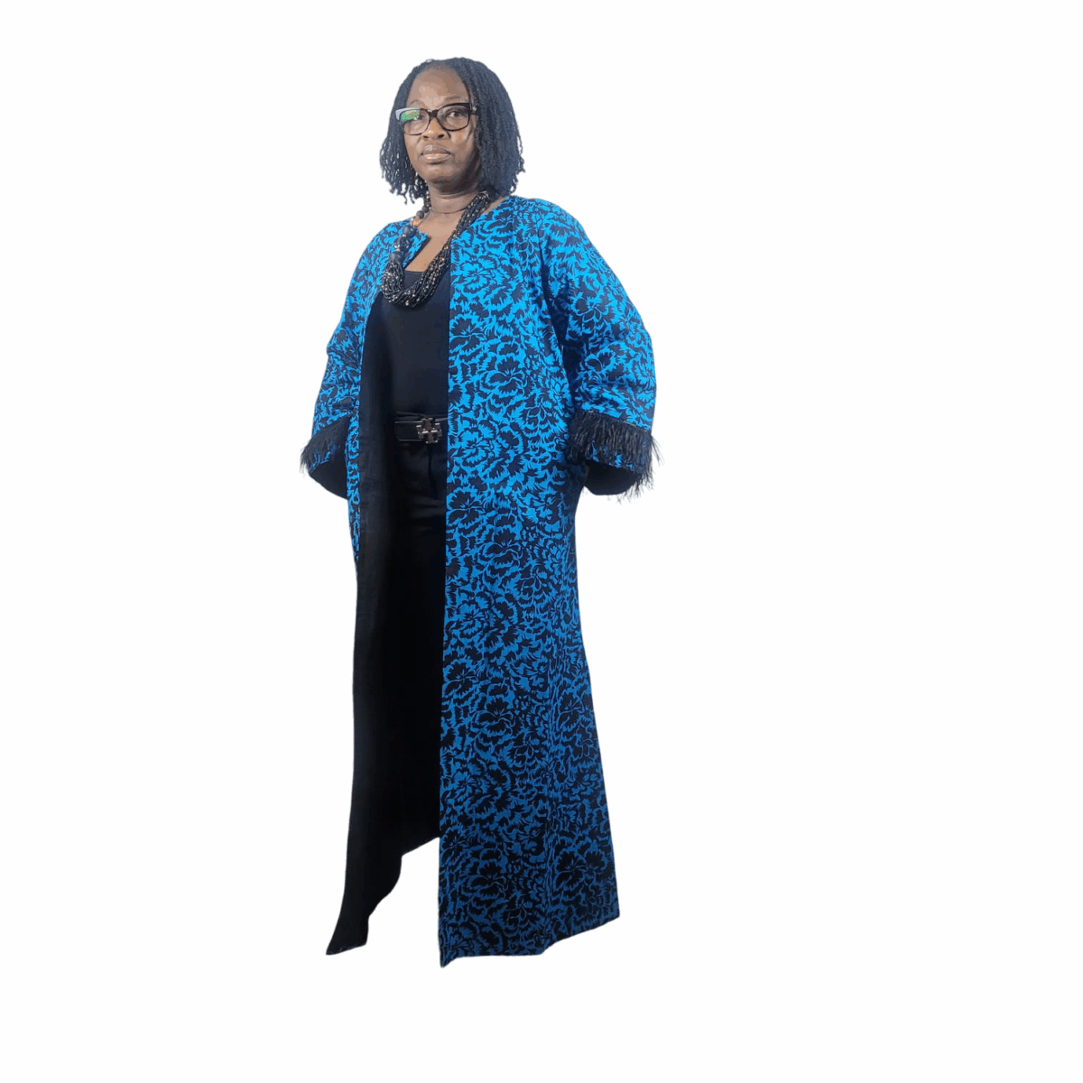 Colorful Blue with Black patterns, feathered sleeves, Long Kimono, great cover for all occasions - Image 5