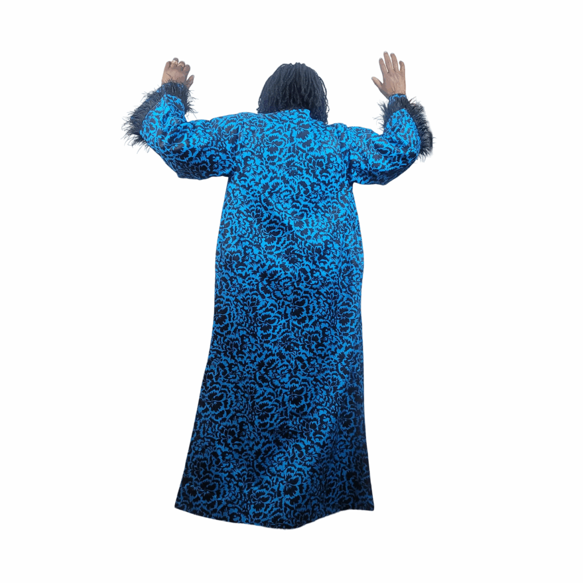 Colorful Blue with Black patterns, feathered sleeves, Long Kimono, great cover for all occasions - Image 4