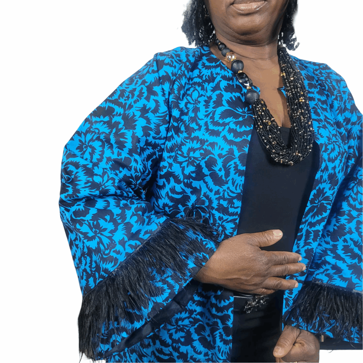 Colorful Blue with Black patterns, feathered sleeves, Long Kimono, great cover for all occasions - Image 3