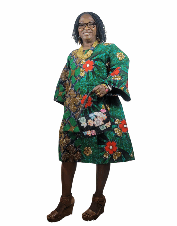 Green Print Dress, Red flowers, Embellished with rhinestones