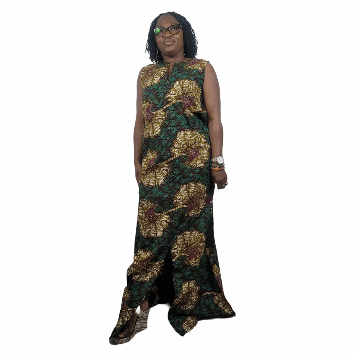 Greenish-Brown,Floral  Long dress, not Lined, African Print, embellished rhinestones