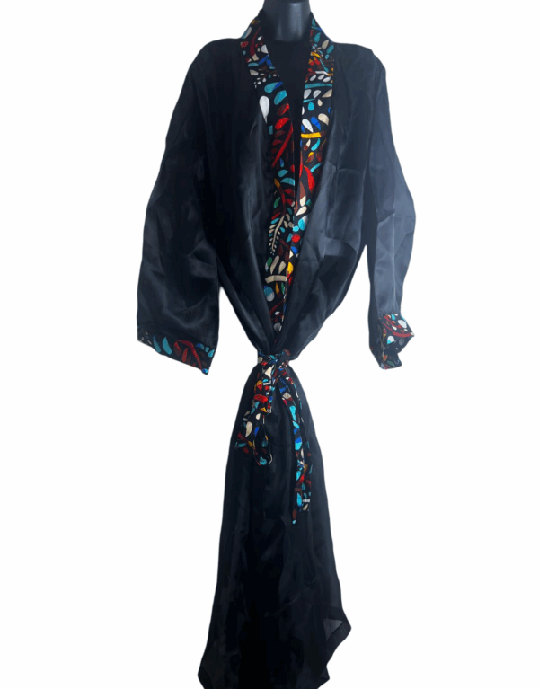 Black Silk Kimono with various African print Trims