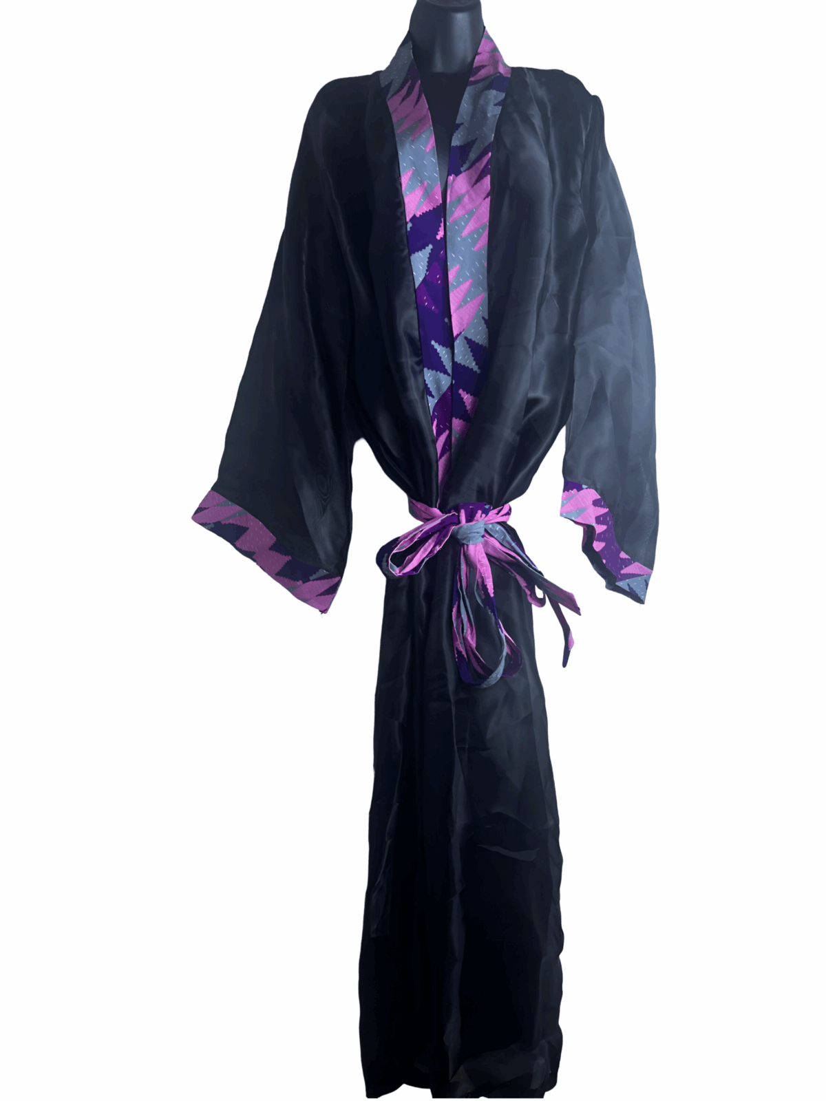 Black Silk Kimono with various African print Trims - Image 9