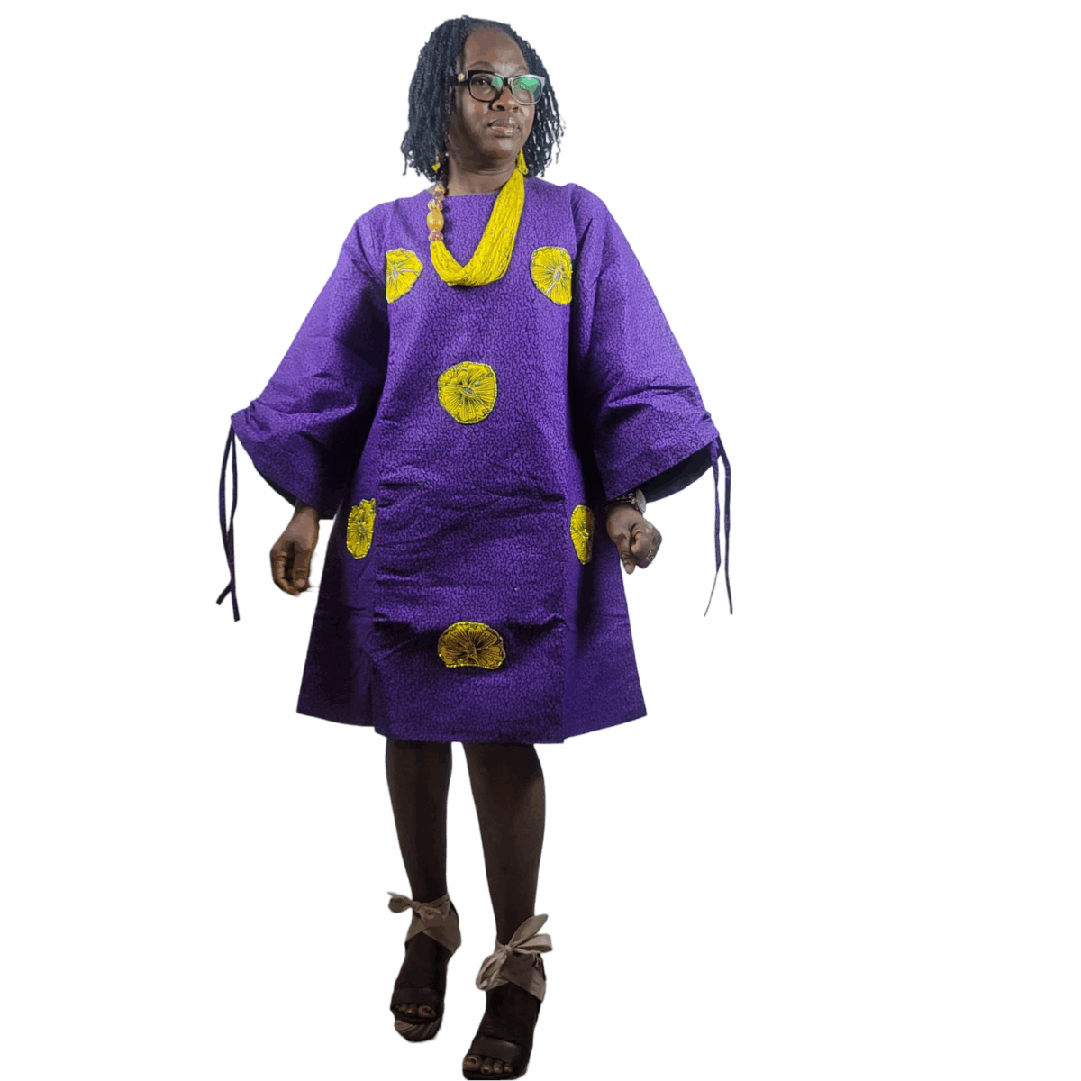 Purple Dress, with Yellow or Pink Flower, Embellished with rhinestones, fully lined inside