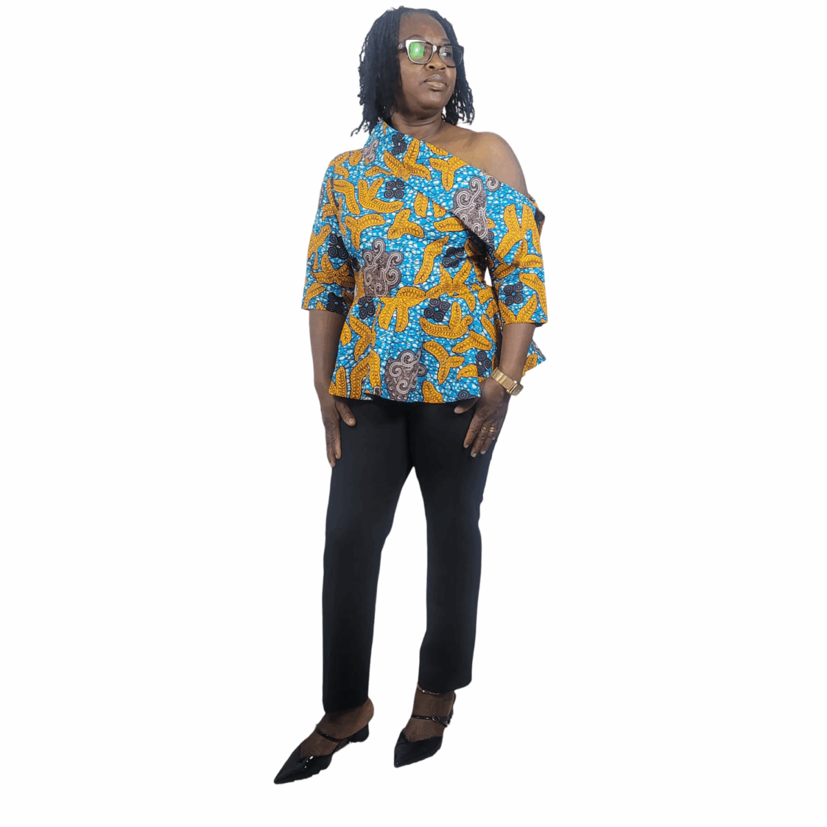 Colorful Print Ladies Top/Blouse, Wide and slant neck cut, Great for spring and every season, Good on slacks or Jean - Image 4