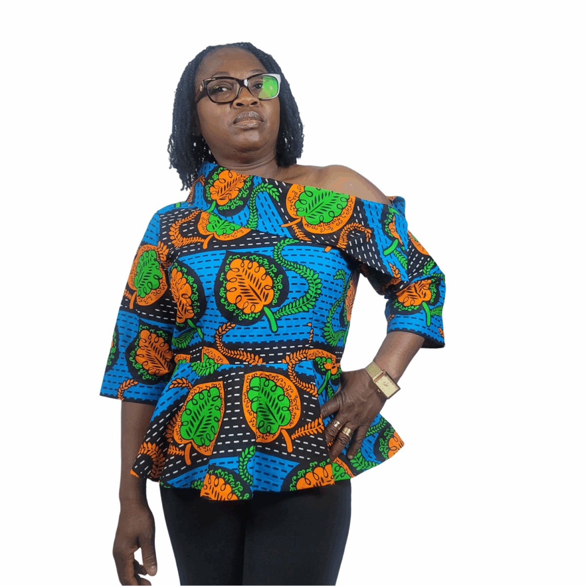 Colorful Print Ladies Top/Blouse, Wide and slant neck cut, Great for spring and every season, Good on slacks or Jean - Image 3