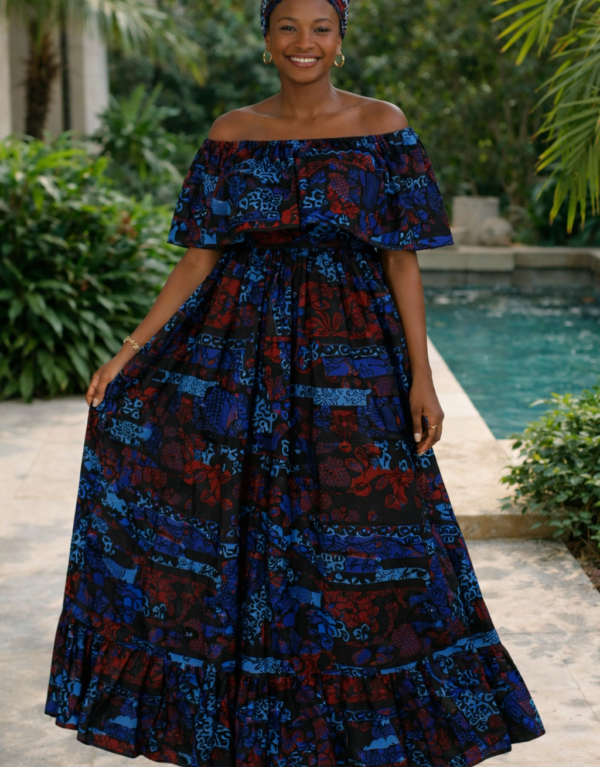 Off-Shoulder Dress with hair Scarf, Various prints, Free size